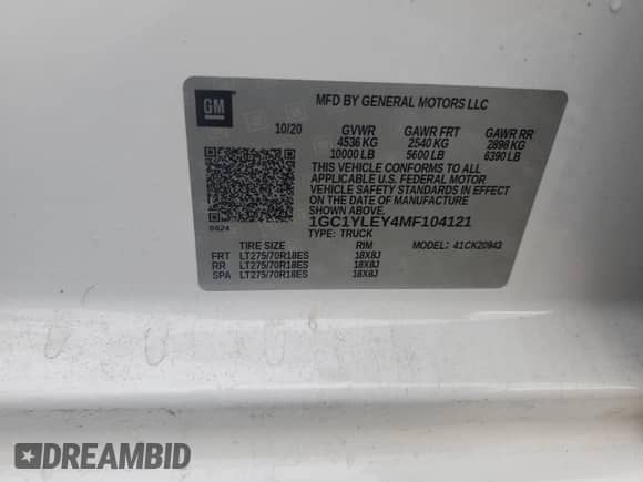 2021 Chevrolet Silverado 2500HD Work Truck с VIN 1GC1YLEY4MF104121, выставлен на аукционе Copart как лот 62263975 с пробегом 72 477 миль миль и Списание • Salvage title. История ставок и продаж доступна на DreamBid. Изображение 12.