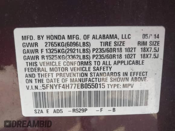 2014 Honda Pilot EX-L with VIN 5FNYF4H77EB055015, listed as a IAAI auction lot 42184434 with 161,454 mi miles and . Bid and sale history available at DreamBid. Image 9.