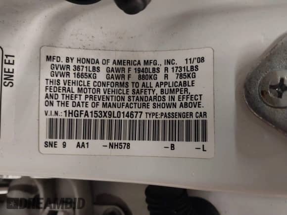 2009 Honda Civic с VIN 1HGFA153X9L014677, выставлен на аукционе IAAI как лот 41146253 с пробегом 158 867 миль миль и . История ставок и продаж доступна на DreamBid. Изображение 9.