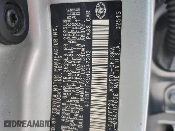 2017 Toyota Camry XLE with VIN 4T1BF1FK9HU347302, listed as a Copart auction lot 64587775 with 249,141 mi miles and Salvage title. Bid and sale history available at DreamBid. Image 12.