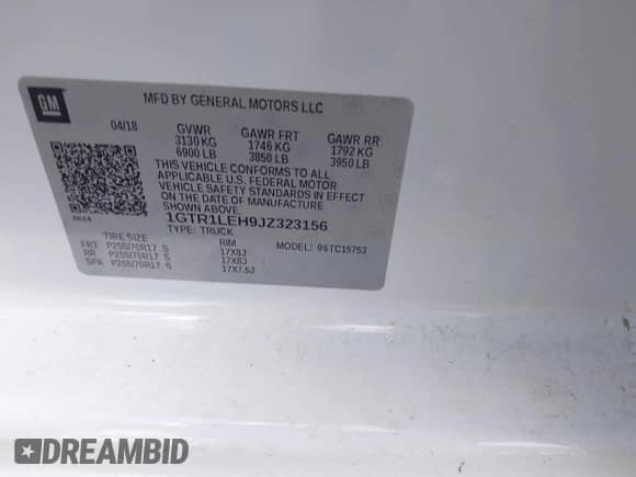 2018 GMC Sierra 1500 with VIN 1GTR1LEH9JZ323156, listed as a IAAI auction lot 42871195 with 83,257 mi miles and . Bid and sale history available at DreamBid. Image 9.