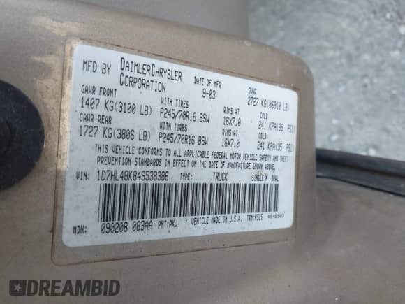 2004 Dodge Dakota SLT with VIN 1D7HL48K84S538386, listed as a IAAI auction lot 43407250 with 274,350 mi miles and . Bid and sale history available at DreamBid. Image 9.