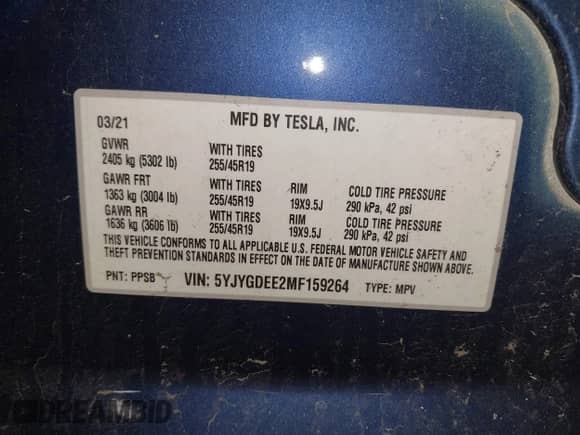 2021 Tesla Model Y Long Range with VIN 5YJYGDEE2MF159264, listed as a IAAI auction lot 43167588 with 83,012 mi miles and . Bid and sale history available at DreamBid. Image 9.