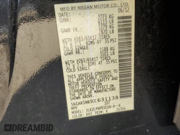 2012 Nissan Pathfinder Silver Edition with VIN 5N1AR1NB3CC631138, listed as a Copart auction lot 65509685 with 151,384 mi miles and Clean title. Bid and sale history available at DreamBid. Image 13.