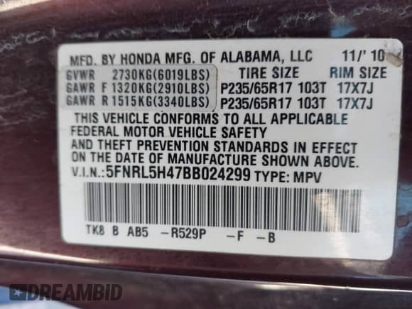 2011 Honda Odyssey EX с VIN 5FNRL5H47BB024299, выставлен на аукционе IAAI как лот 42895057 с пробегом 272 036 миль миль и . История ставок и продаж доступна на DreamBid. Изображение 9.