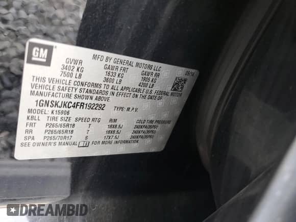 2015 Chevrolet Suburban LT z VIN 1GNSKJKC4FR192292, wystawiony jako Copart lot #60434444 z przebiegiem 304 830 mil mil oraz Szkoda całkowita • Salvage title. Historia ofert i sprzedaży dostępna na DreamBid. Obrazek 13.