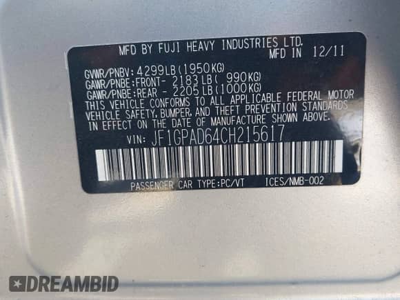 2012 Subaru Impreza Premium z VIN JF1GPAD64CH215617, wystawiony jako IAAI lot #43345861 z przebiegiem 157 056 mil mil oraz . Historia ofert i sprzedaży dostępna na DreamBid. Obrazek 9.