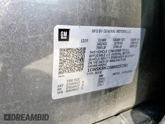 2021 Chevrolet Tahoe RST с VIN 1GNSKRKD5MR237261, выставлен на аукционе Copart как лот 80063185 с пробегом 71 523 миль миль и Списание • Salvage title. История ставок и продаж доступна на DreamBid. Изображение 12.