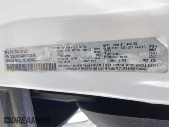 2021 Ram ProMaster Cargo с VIN 3C6LRVDG4ME510878, выставлен на аукционе IAAI как лот 42054854 с пробегом 76 293 миль миль и . История ставок и продаж доступна на DreamBid. Изображение 9.