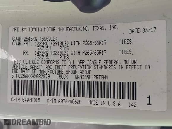 2017 Toyota Tacoma SR5 с VIN 5TFCZ5ANXHX082879, выставлен на аукционе IAAI как лот 42868022 с пробегом 114 120 миль миль и . История ставок и продаж доступна на DreamBid. Изображение 9.