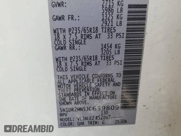 2018 Nissan Pathfinder SV with VIN 5N1DR2MN5JC659809, listed as a Copart auction lot 58568245 with 110,371 mi miles and Salvage title. Bid and sale history available at DreamBid. Image 13.