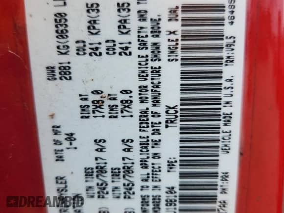 2004 Dodge 1500 SLT with VIN 1D7HA16D44J198104, listed as a Copart auction lot 63336035 with 163,584 mi miles and Clean title. Bid and sale history available at DreamBid. Image 12.