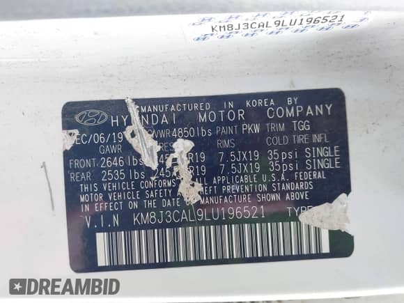 2020 Hyundai Tucson Limited with VIN KM8J3CAL9LU196521, listed as a IAAI auction lot 41623889 with 56,182 mi miles and . Bid and sale history available at DreamBid. Image 9.