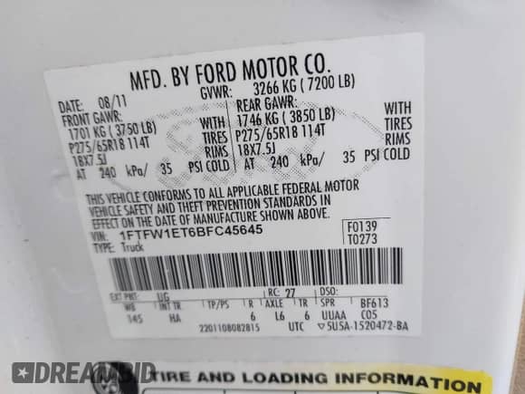 2011 Ford F-150 XLT z VIN 1FTFW1ET6BFC45645, wystawiony jako IAAI lot #42815576 z przebiegiem 76 197 mil mil oraz . Historia ofert i sprzedaży dostępna na DreamBid. Obrazek 9.