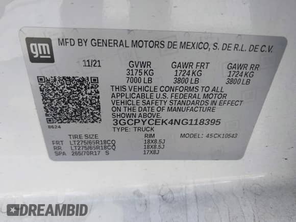 2022 Chevrolet Silverado 1500 Custom Trail Boss z VIN 3GCPYCEK4NG118395, wystawiony jako IAAI lot #42544321 z przebiegiem 90 545 mil mil oraz . Historia ofert i sprzedaży dostępna na DreamBid. Obrazek 9.
