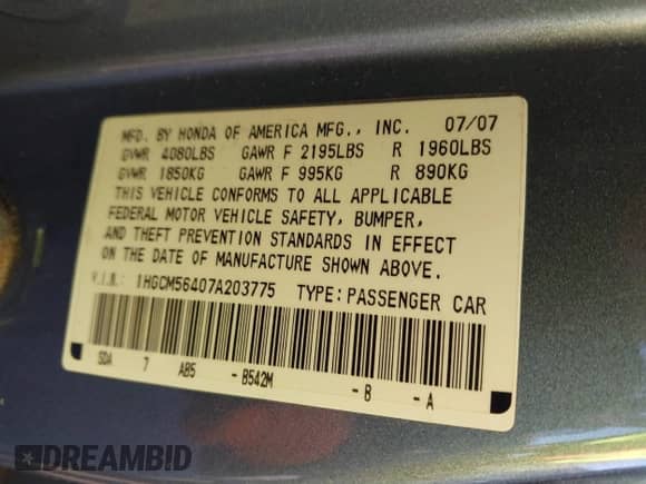 2007 Honda Accord LX с VIN 1HGCM56407A203775, выставлен на аукционе IAAI как лот 43513787 с пробегом 186 875 миль миль и . История ставок и продаж доступна на DreamBid. Изображение 9.