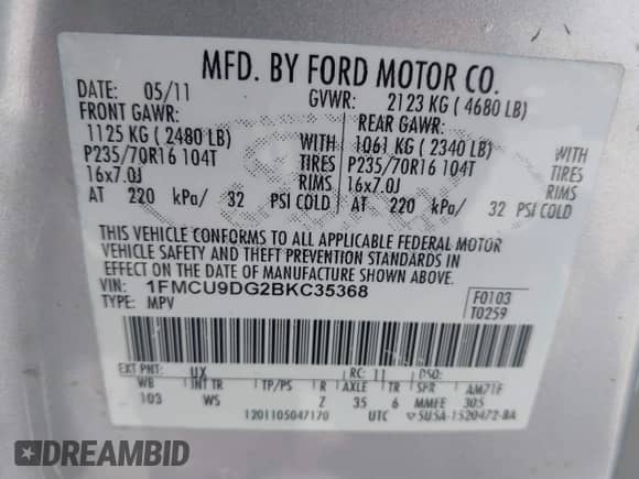 2011 Ford Escape XLT с VIN 1FMCU9DG2BKC35368, выставлен на аукционе IAAI как лот 43361807 с пробегом 157 149 миль миль и . История ставок и продаж доступна на DreamBid. Изображение 9.