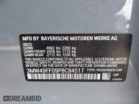 2023 BMW 3 Series M340i xDrive z VIN 3MW49FF09P8C84517, wystawiony jako IAAI lot #41586394 z przebiegiem 25 349 mil mil oraz . Historia ofert i sprzedaży dostępna na DreamBid. Obrazek 9.