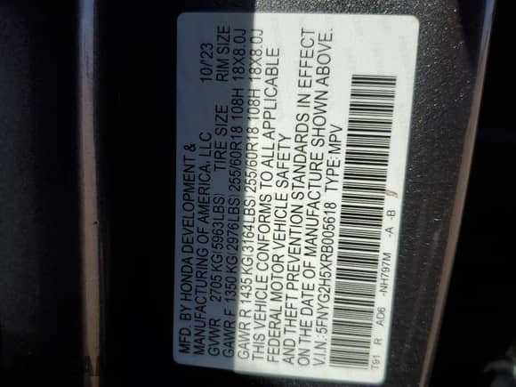 2024 Honda Pilot EX-L с VIN 5FNYG2H5XRB005618, выставлен на аукционе Copart как лот 66696155 с пробегом 17 503 миль миль и Списание • Salvage title. История ставок и продаж доступна на DreamBid. Изображение 14.