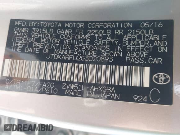 2016 Toyota Prius Three с VIN JTDKARFU2G3020893, выставлен на аукционе IAAI как лот 43448188 с пробегом 113 075 миль миль и . История ставок и продаж доступна на DreamBid. Изображение 9.