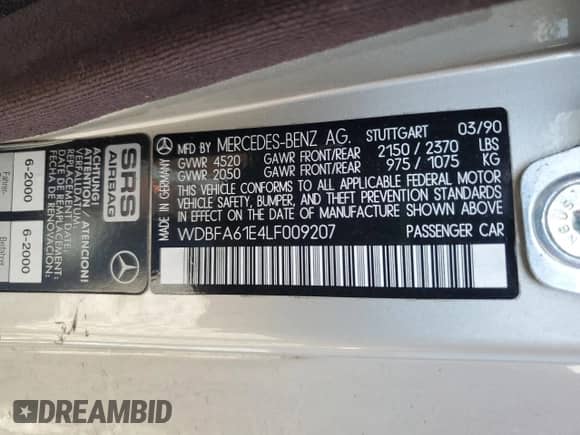 1990 Mercedes-Benz 300 z VIN WDBFA61E4LF009207, wystawiony jako Copart lot #80528325 z przebiegiem 65 366 mil mil oraz Szkoda całkowita • Salvage title. Historia ofert i sprzedaży dostępna na DreamBid. Obrazek 12.