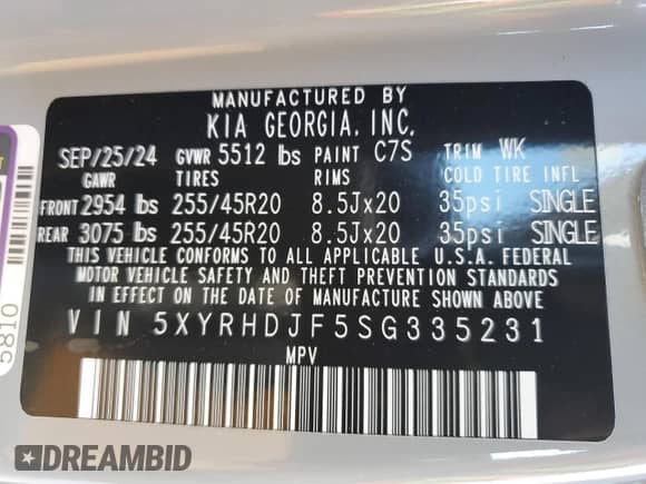 2025 Kia Sorento X-Line EX with VIN 5XYRHDJF5SG335231, listed as a Copart auction lot 87427994 with 1,580 mi miles and Salvage title. Bid and sale history available at DreamBid. Image 14.