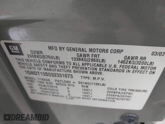 2003 Chevrolet TrailBlazer LT с VIN 1GNDT13S032331673, выставлен на аукционе IAAI как лот 42042418 с пробегом 220 976 миль миль и . История ставок и продаж доступна на DreamBid. Изображение 9.
