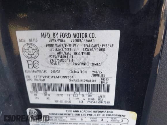 2010 Ford F-150 XL с VIN 1FTFW1EV1AFC99354, выставлен на аукционе IAAI как лот 43342858 с пробегом 277 310 миль миль и . История ставок и продаж доступна на DreamBid. Изображение 9.