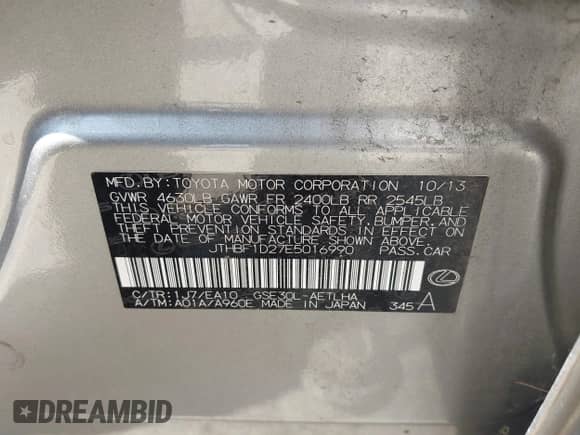 2014 Lexus IS 250 с VIN JTHBF1D27E5016990, выставлен на аукционе IAAI как лот 43317001 с пробегом 123 499 миль миль и . История ставок и продаж доступна на DreamBid. Изображение 9.