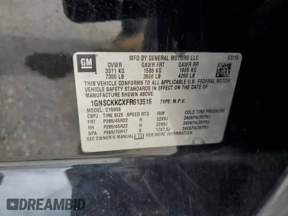 2015 Chevrolet Suburban LTZ z VIN 1GNSCKKCXFR613516, wystawiony jako Copart lot #65519984 z przebiegiem 191 711 mil mil oraz Nie do naprawy • Non repairable. Historia ofert i sprzedaży dostępna na DreamBid. Obrazek 13.