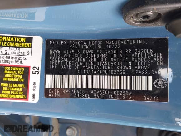 2023 Toyota Camry SE with VIN 4T1G11AK4PU102756, listed as a IAAI auction lot 43021249 with 46,205 mi miles and . Bid and sale history available at DreamBid. Image 9.