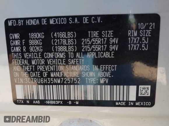 2022 Honda HR-V LX с VIN 3CZRU6H35NM725752, выставлен на аукционе IAAI как лот 43202555 с пробегом 73 845 миль миль и . История ставок и продаж доступна на DreamBid. Изображение 9.