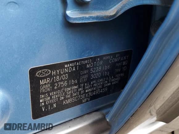 2003 Hyundai Santa Fe LX с VIN KM8SC73EX3U495459, выставлен на аукционе Copart как лот 68566604 с пробегом 155 841 миль миль и Списание • Salvage title. История ставок и продаж доступна на DreamBid. Изображение 14.