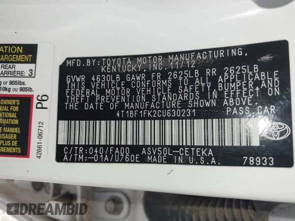 2012 Toyota Camry L z VIN 4T1BF1FK2CU630231, wystawiony jako IAAI lot #43021349 z przebiegiem 138 845 mil mil oraz . Historia ofert i sprzedaży dostępna na DreamBid. Obrazek 9.