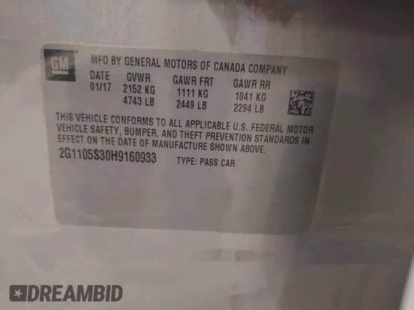 2017 Chevrolet Impala LT z VIN 2G1105S30H9160933, wystawiony jako IAAI lot #43195871 z przebiegiem 132 506 mil mil oraz . Historia ofert i sprzedaży dostępna na DreamBid. Obrazek 9.