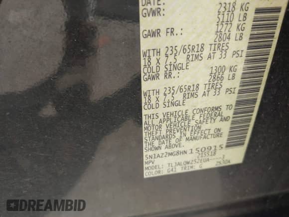 2017 Nissan Murano Platinum с VIN 5N1AZ2MG8HN150915, выставлен на аукционе IAAI как лот 43183090 с пробегом 79 440 миль миль и . История ставок и продаж доступна на DreamBid. Изображение 9.