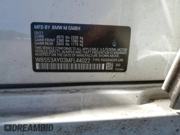 2021 BMW M3 с VIN WBS53AY03MFL44022, выставлен на аукционе Copart как лот 84827604 с пробегом 50 406 миль миль и Списание • Salvage title. История ставок и продаж доступна на DreamBid. Изображение 14.