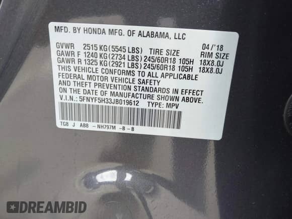 2018 Honda Pilot EX с VIN 5FNYF5H33JB019612, выставлен на аукционе IAAI как лот 43277223 с пробегом 98 953 миль миль и . История ставок и продаж доступна на DreamBid. Изображение 9.