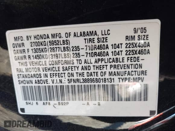 2006 Honda Odyssey Touring with VIN 5FNRL38896B018131, listed as a IAAI auction lot 43301389 with 312,984 mi miles and . Bid and sale history available at DreamBid. Image 9.