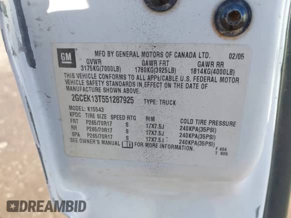 2005 Chevrolet Silverado 1500 Z71 z VIN 2GCEK13T551287925, wystawiony jako IAAI lot #43392727 z przebiegiem 275 768 mil mil oraz . Historia ofert i sprzedaży dostępna na DreamBid. Obrazek 9.
