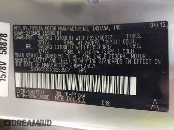 2012 Toyota Sienna LE AAS with VIN 5TDKK3DC1CS253502, listed as a IAAI auction lot 43380424 with 157,876 mi miles and . Bid and sale history available at DreamBid. Image 9.
