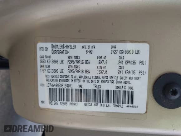 2003 Dodge Dakota SLT z VIN 1D7HG48N53S134071, wystawiony jako IAAI lot #42207110 z przebiegiem Nie podano mil oraz . Historia ofert i sprzedaży dostępna na DreamBid. Obrazek 9.