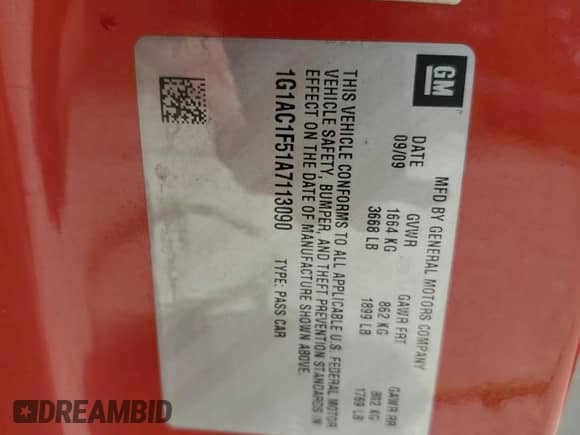 2010 Chevrolet Cobalt z VIN 1G1AC1F51A7113090, wystawiony jako Copart lot #59091205 z przebiegiem 119 073 mil mil oraz Szkoda całkowita • Salvage title. Historia ofert i sprzedaży dostępna na DreamBid. Obrazek 12.