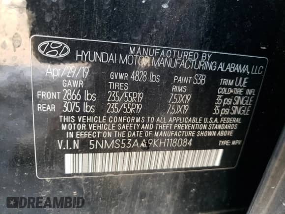 2019 Hyundai Santa Fe Limited с VIN 5NMS53AA9KH118084, выставлен на аукционе Copart как лот 55463582 с пробегом 65 418 миль миль и . История ставок и продаж доступна на DreamBid. Изображение 10.