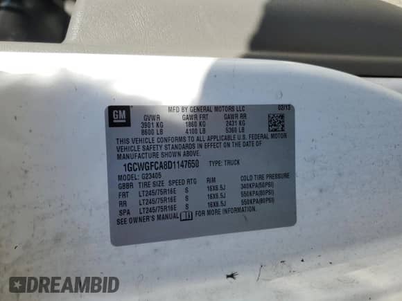 2013 Chevrolet Express Cargo z VIN 1GCWGFCA8D1147650, wystawiony jako Copart lot #89430645 z przebiegiem 206 137 mil mil oraz Szkoda całkowita • Salvage title. Historia ofert i sprzedaży dostępna na DreamBid. Obrazek 13.