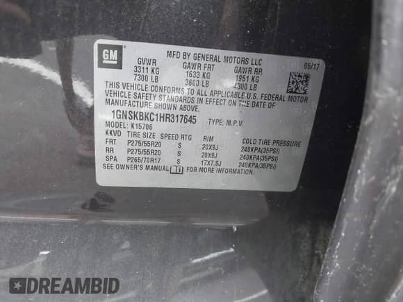 2017 Chevrolet Tahoe LT with VIN 1GNSKBKC1HR317645, listed as a IAAI auction lot 43184651 with 143,489 mi miles and . Bid and sale history available at DreamBid. Image 9.