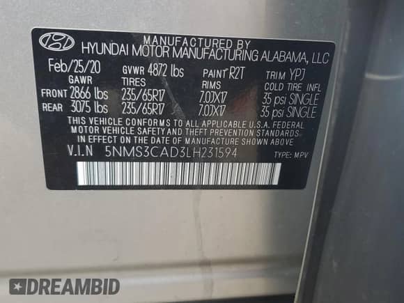 2020 Hyundai Santa Fe SEL with VIN 5NMS3CAD3LH231594, listed as a Copart auction lot 80071735 with 66,784 mi miles and Salvage title. Bid and sale history available at DreamBid. Image 13.