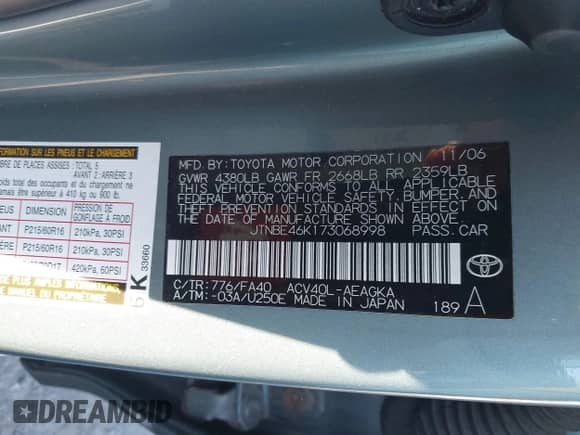 2007 Toyota Camry LE with VIN JTNBE46K173068998, listed as a IAAI auction lot 43456724 with 307,464 mi miles and . Bid and sale history available at DreamBid. Image 9.