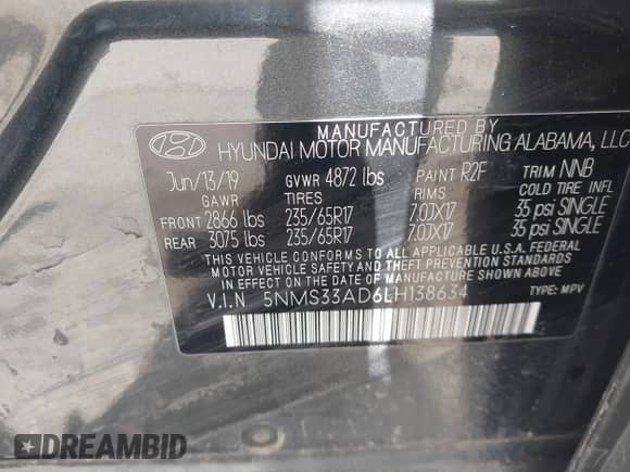 2020 Hyundai Santa Fe SEL with VIN 5NMS33AD6LH138634, listed as a IAAI auction lot 42525518 with 93,726 mi miles and . Bid and sale history available at DreamBid. Image 9.