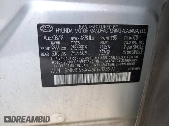 2019 Hyundai Santa Fe Limited z VIN 5NMS53AA6KH023997, wystawiony jako Copart lot #49528495 z przebiegiem Nie podano mil oraz Nie do naprawy • Non repairable. Historia ofert i sprzedaży dostępna na DreamBid. Obrazek 15.